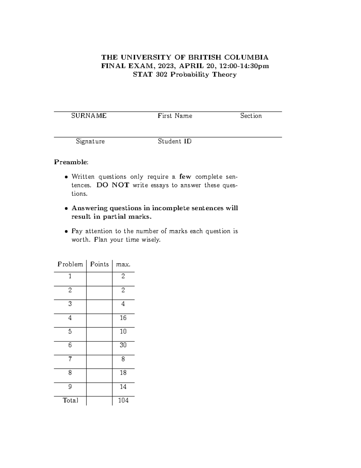 STAT 302 Final Exam Review - Probability Theory, April 2023 - Studocu