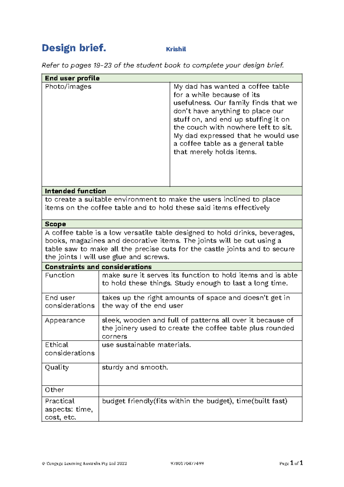 PDT 101: Design Brief for Custom Coffee Table Project - Studocu