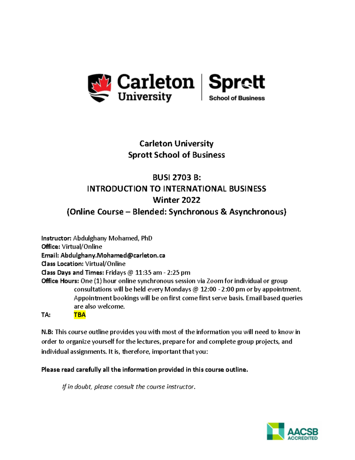 Course Outline BUSI2703 B Winter 2022 (Mohamed) - Carleton University ...