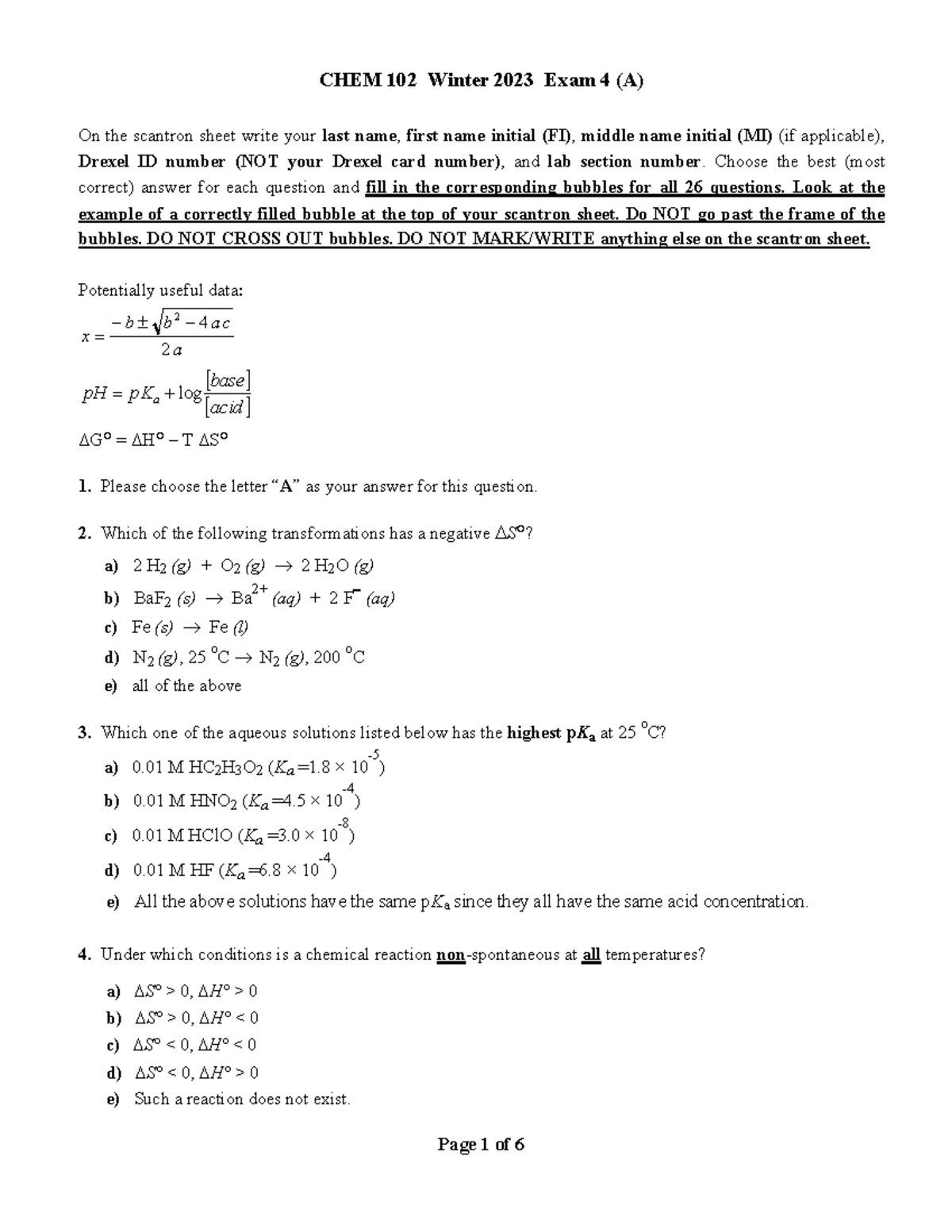 CHEM 102 Winter 2023 Exam 4 (A) with Answer Key - Studocu