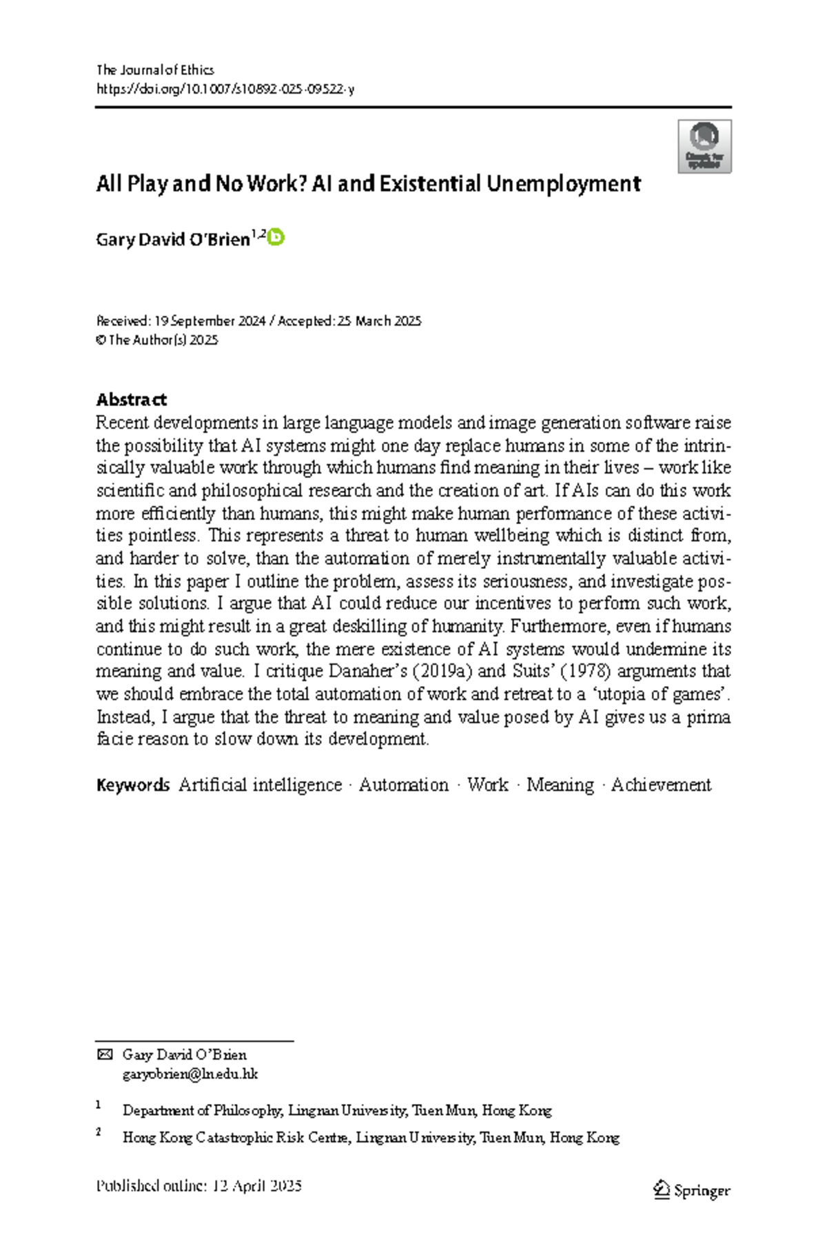 All Play and No Work? AI's Impact on Meaningful Employment and ...