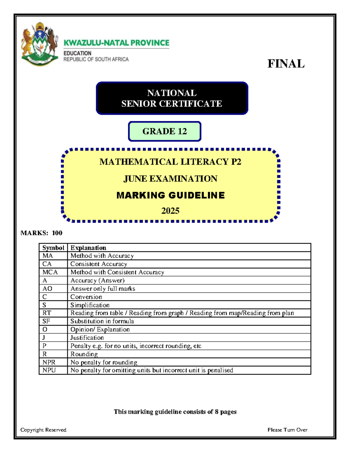 Mathematical Literacy P2 June 2025 Final Exam Marking Guideline - Studocu