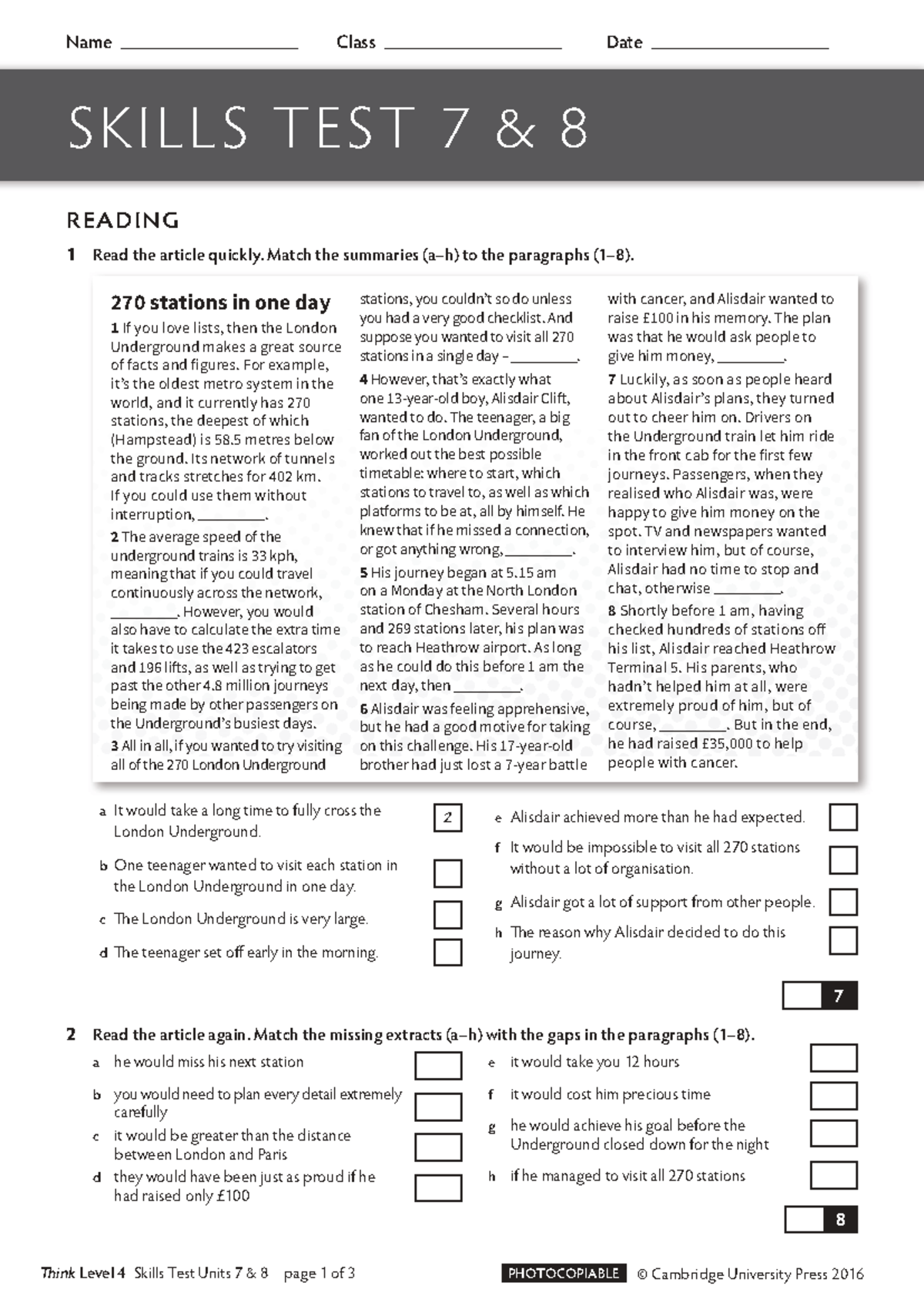 SKILLS TEST 7-8: READING &amp; LISTENING PRACTICE (Level 4) - Studocu