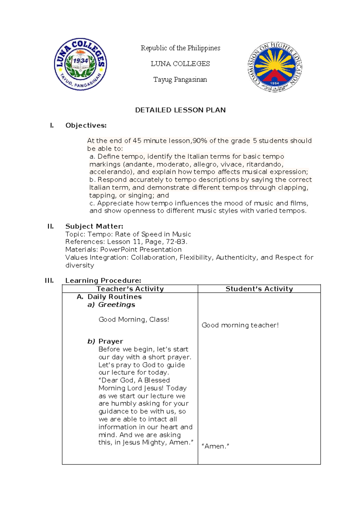 DLPSPEC 1113 - Detailed Lesson Plan on Tempo for Grade 5 Students - Studocu