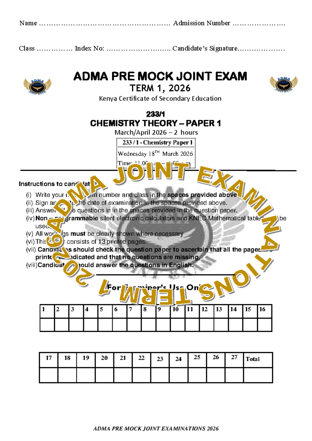 ADMA PRE MOCK JOINT EXAMINATION 2026 - CHEMISTRY PAPER 1 - Studocu