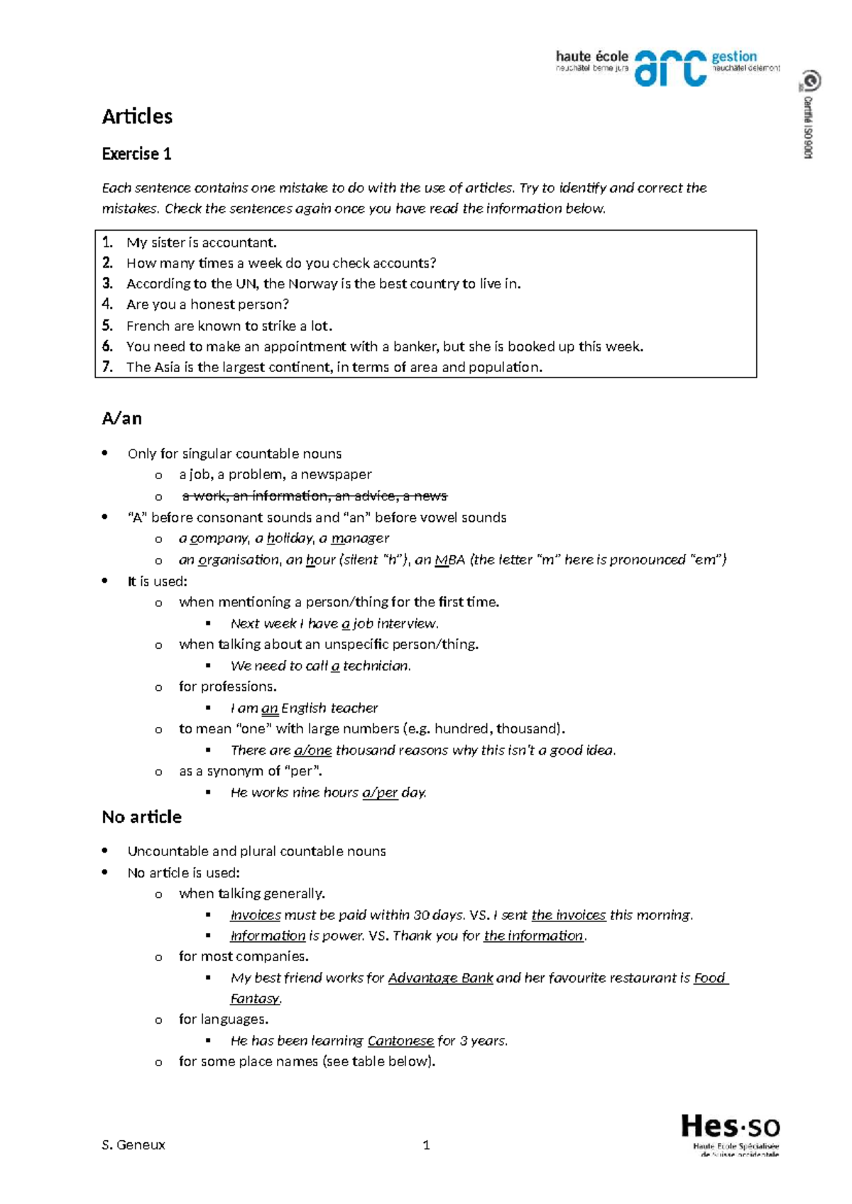 Articles Exercise: Identifying and Correcting Mistakes in Usage - Studocu