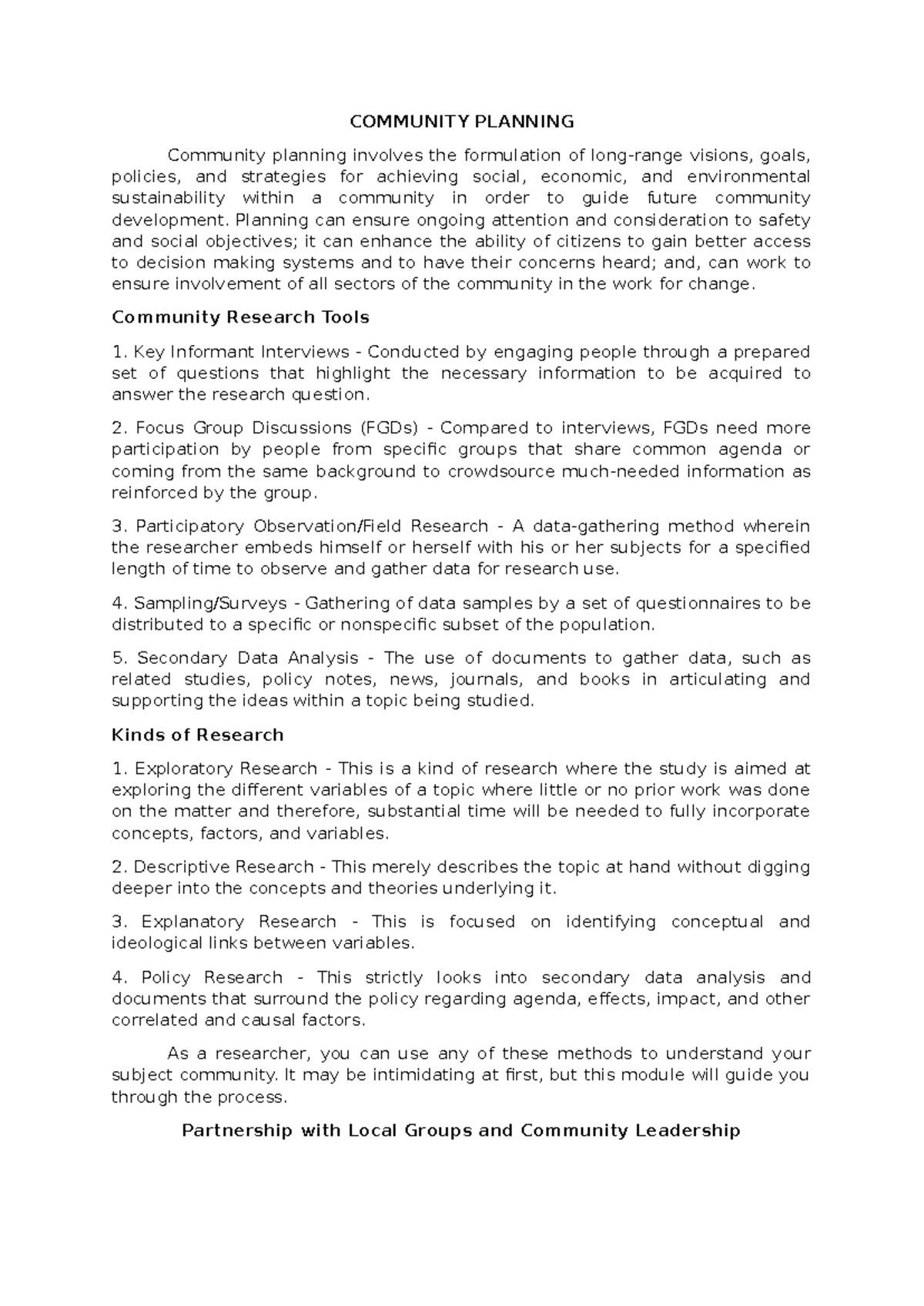 COMMUNITY PLANNING: Research Methods & Tools for Development - Studocu