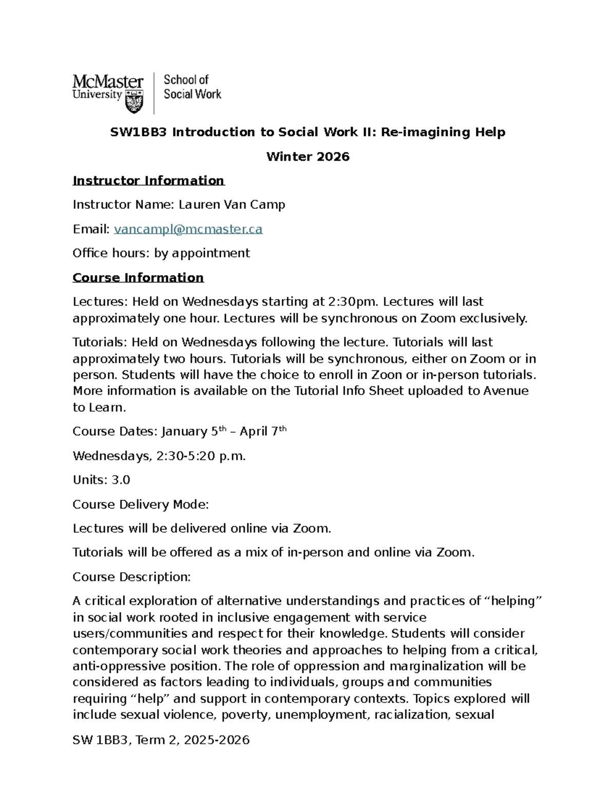SW1BB3 Introduction to Social Work II: Course Outline Winter 2026 - Studocu
