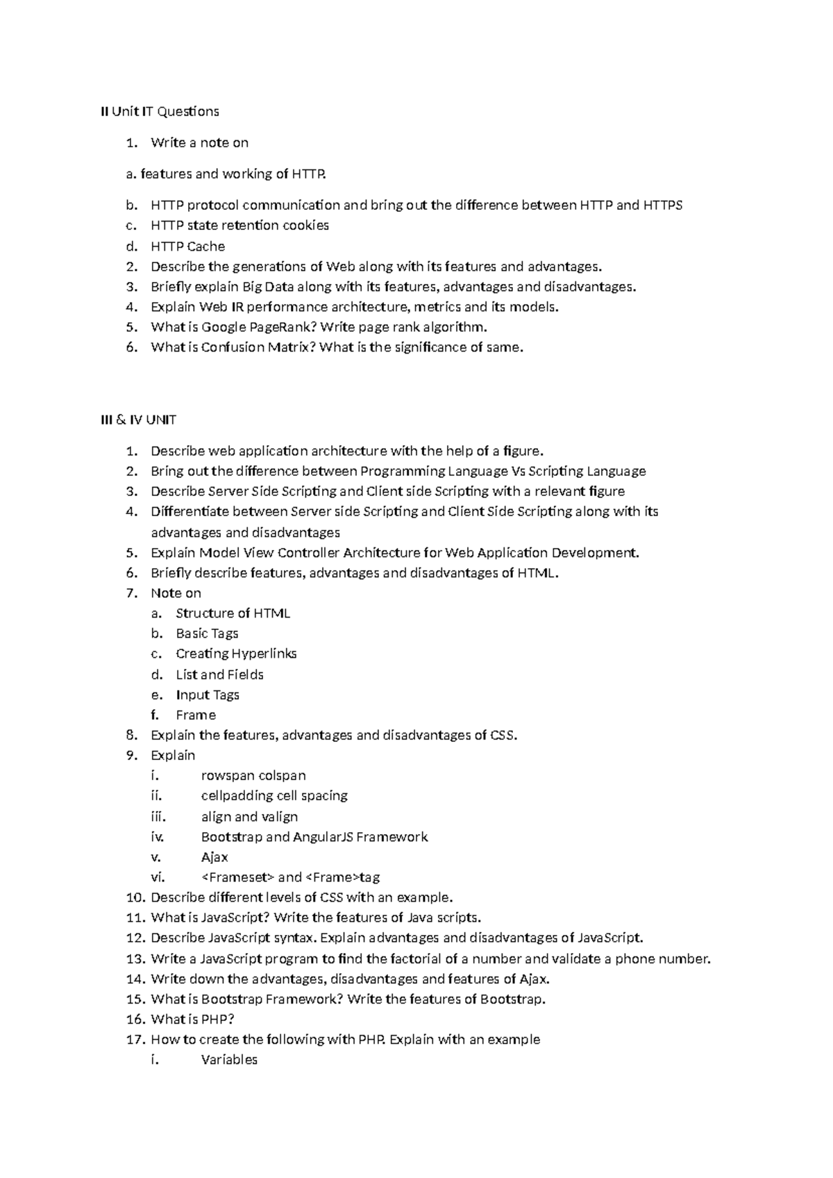 IT 2, 3 & 4 Unit Questions: HTTP, Web Architecture, JavaScript & PHP ...