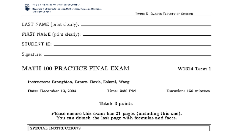 MATH 100 W24 T1 Practice Final Exam Key - Studocu