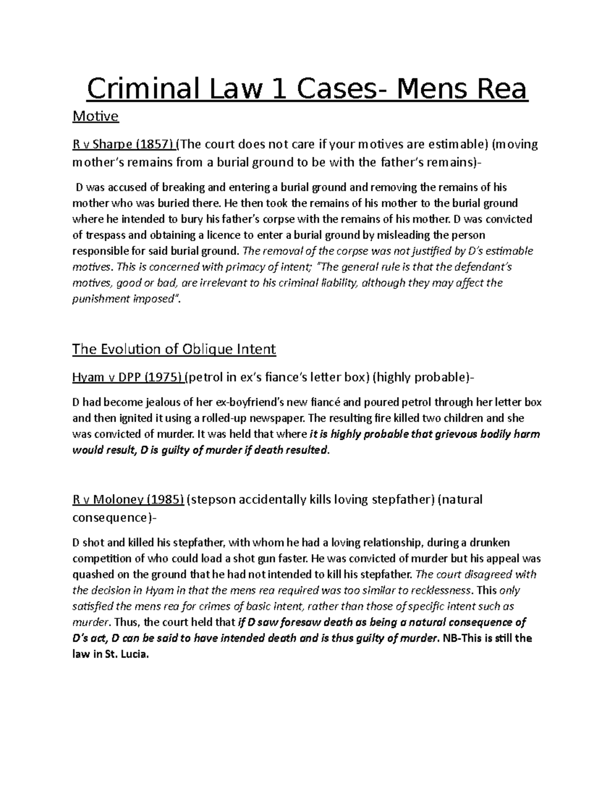 Criminal Law 1 Final Exam Cases: Understanding Mens Rea Concepts - Studocu