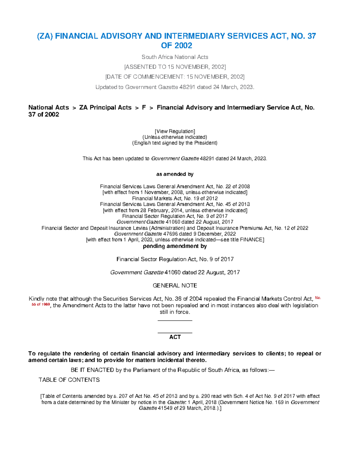 (ZA) Financial Advisory and Intermediary Services Act No. 37 of 2002 ...