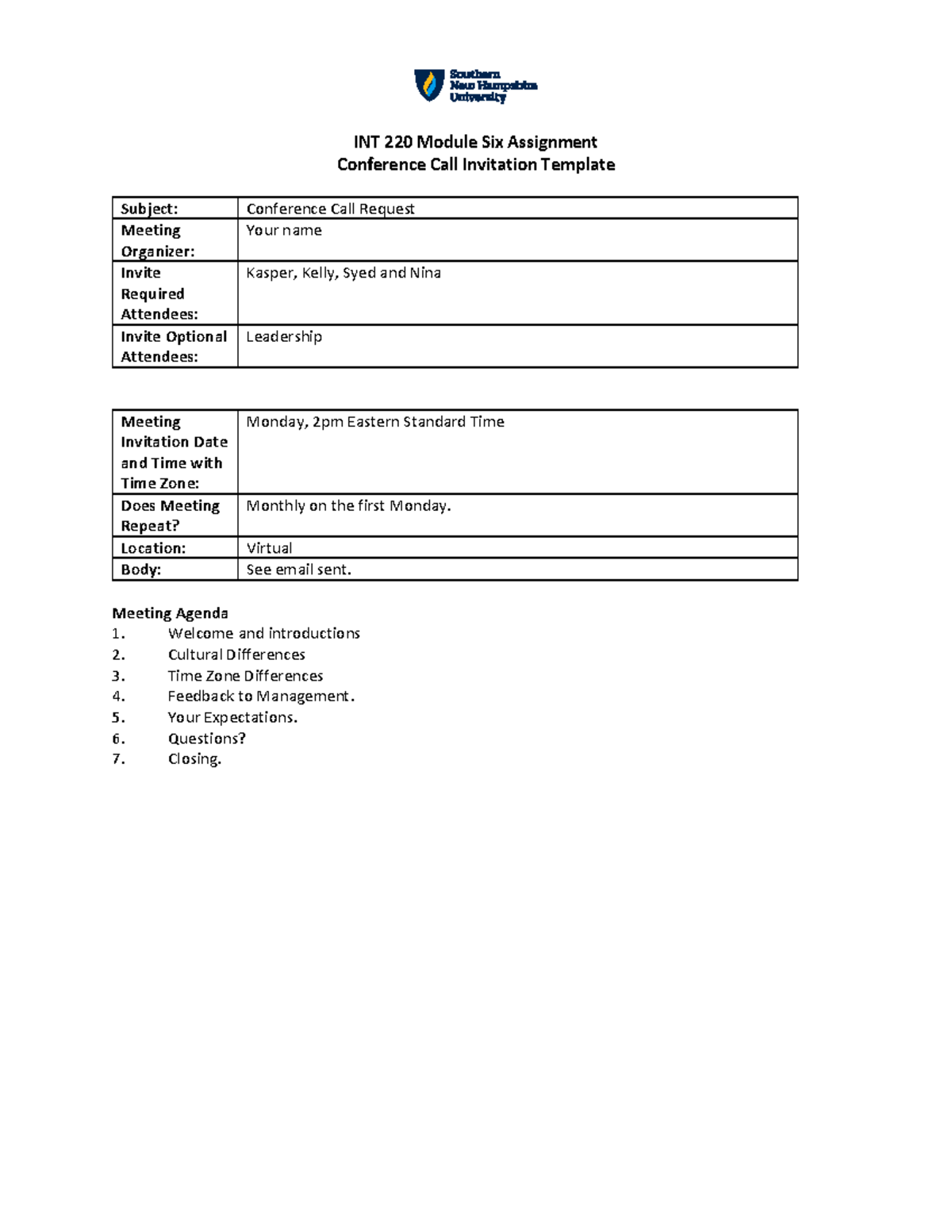 INT 220 Conference Call Invitation - INT 220 Module Six Assignment ...
