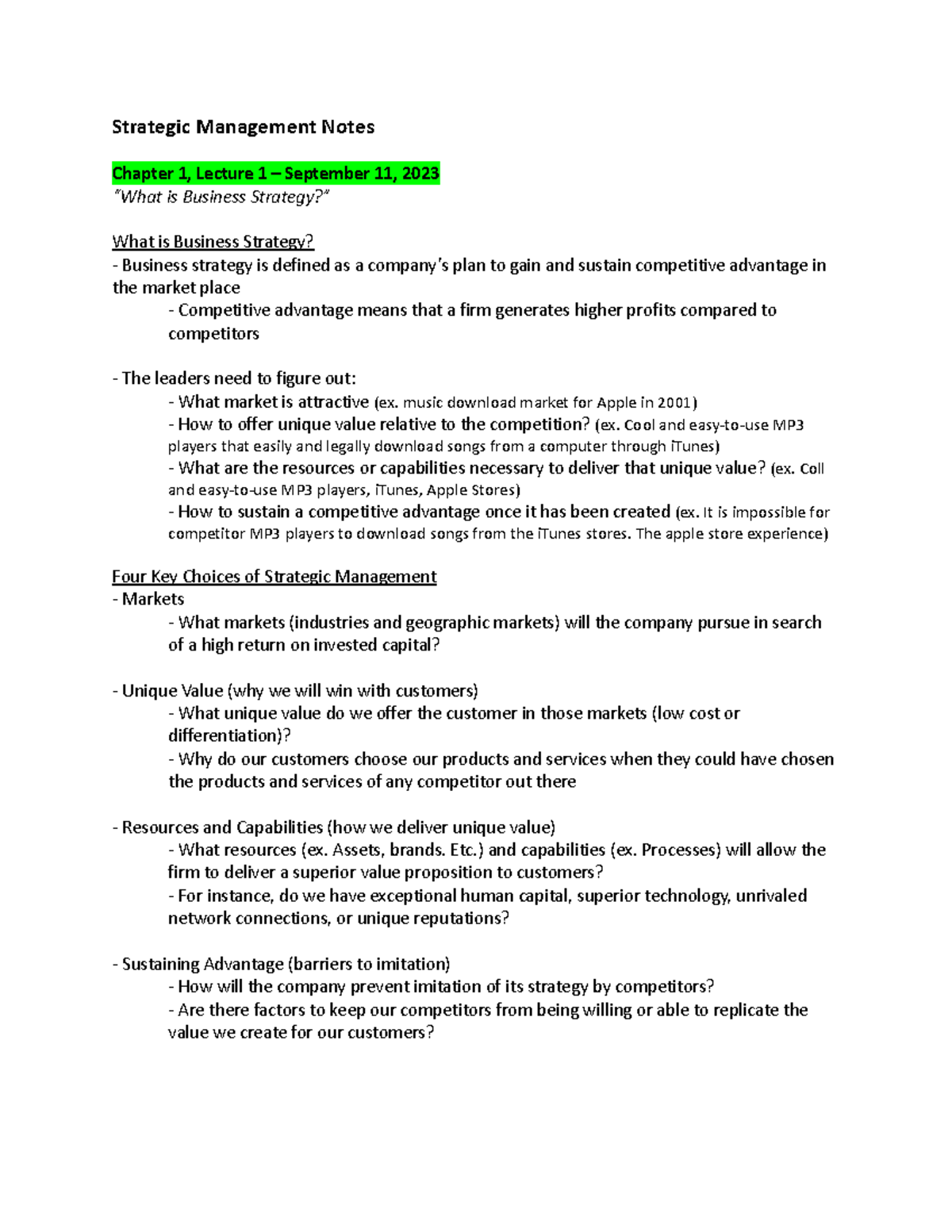 Strategic Management Lecture Notes (SM 101) - Competitive Advantage ...