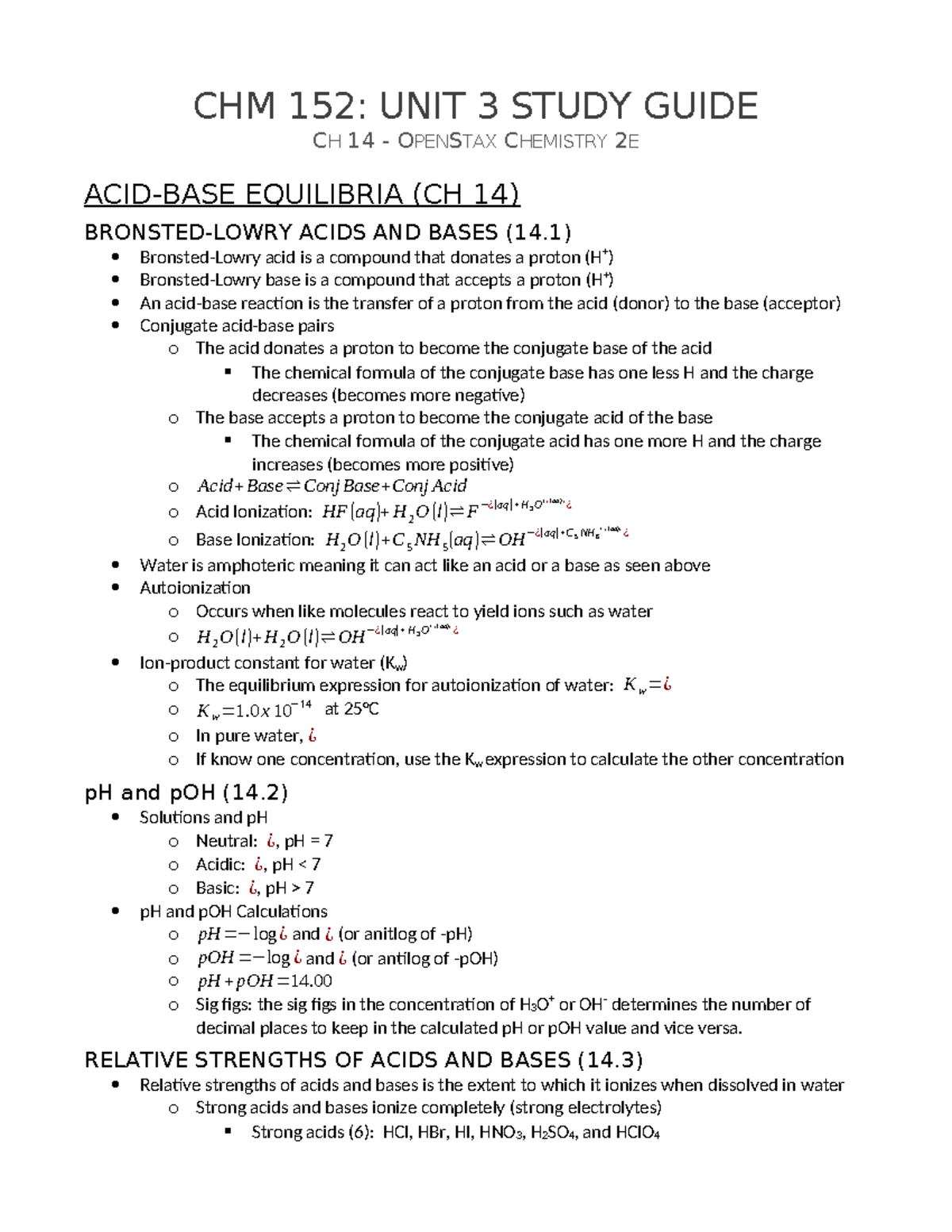 CHM 152: Unit 3 Study Guide on Equilibria, Acids, and Bases - Studocu