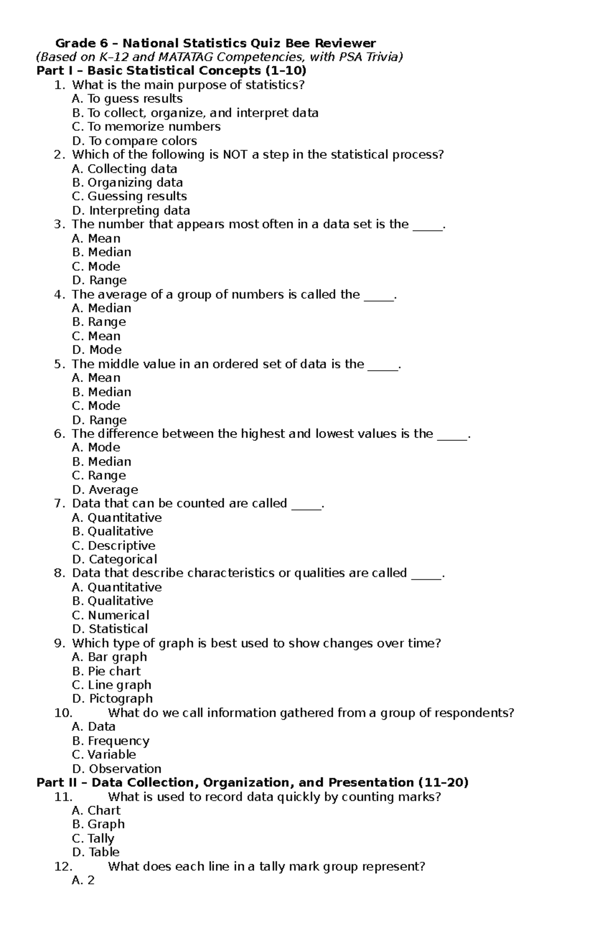 Grade 6 National Statistics Quiz Bee Reviewer (MATATAG Competencies ...