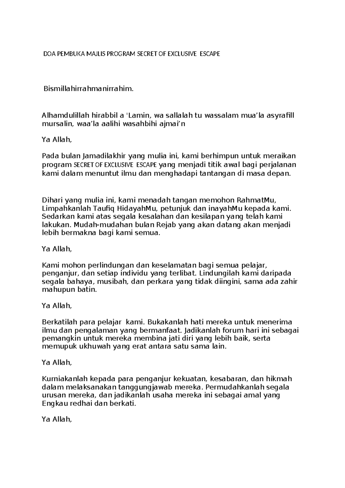 DOA Pembuka Majlis Program Secret OF Exclusive Escape - DOA PEMBUKA ...