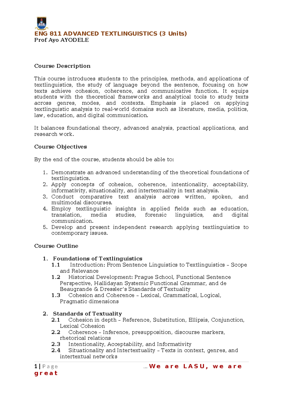 ENG 811 Advanced Textlinguistics Course Overview and Objectives - Studocu