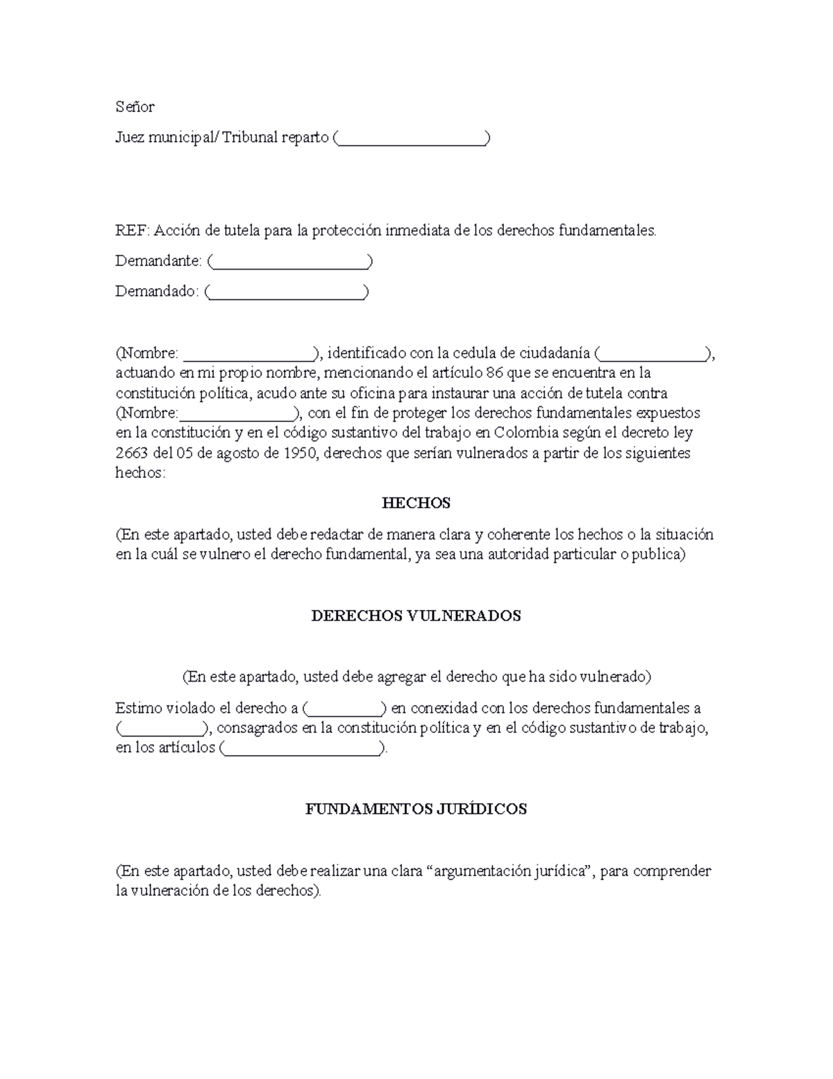 Modelo de Tutela en Colombia - Formulario de Acción Judicial - Studocu