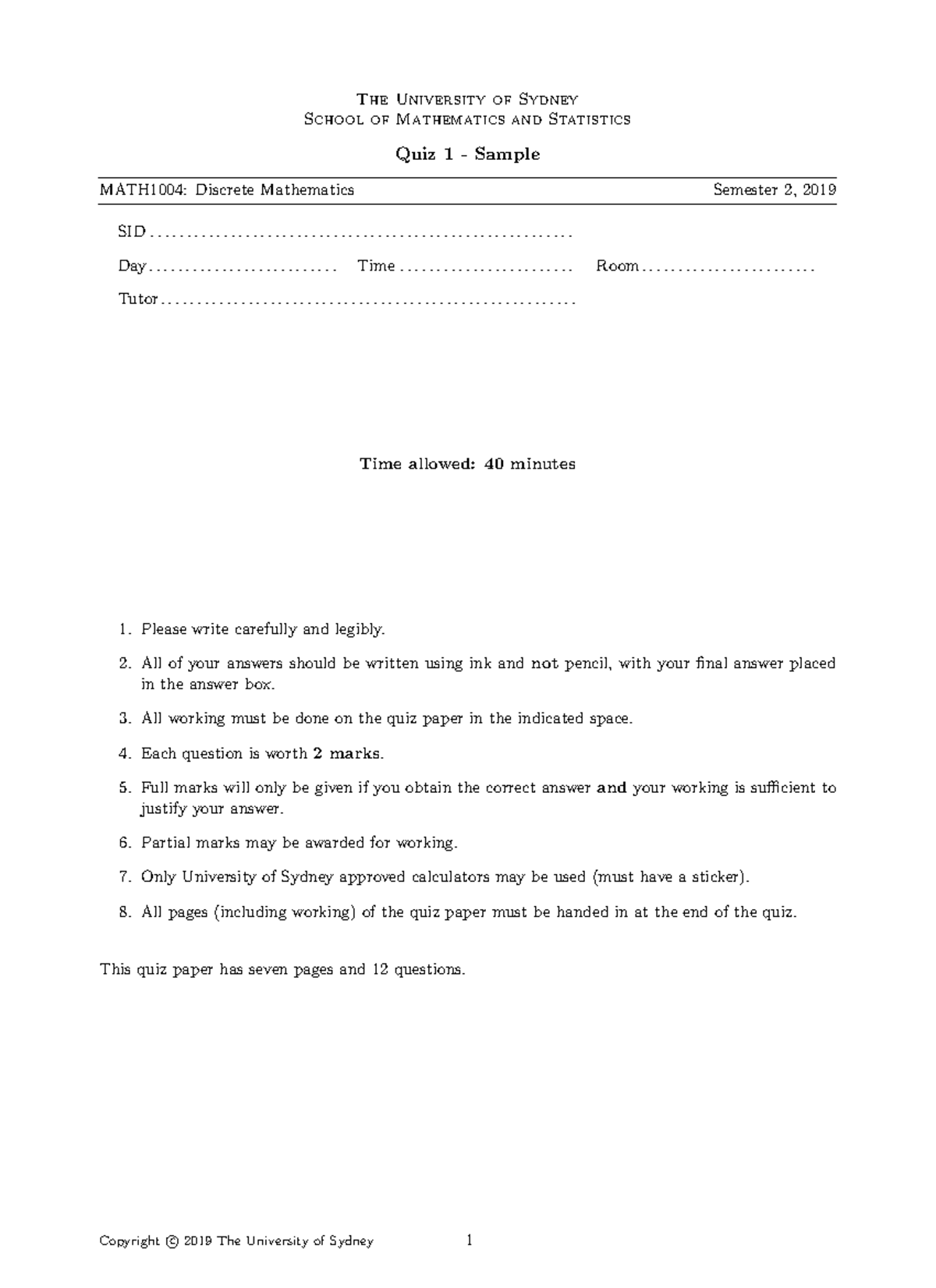 MATH1004 Quiz 1 Sample Solutions - Discrete Mathematics 2019 - Studocu