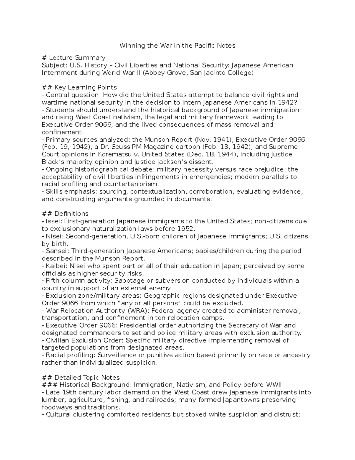 U.S. History Lecture Notes: Japanese American Internment & Civil ...