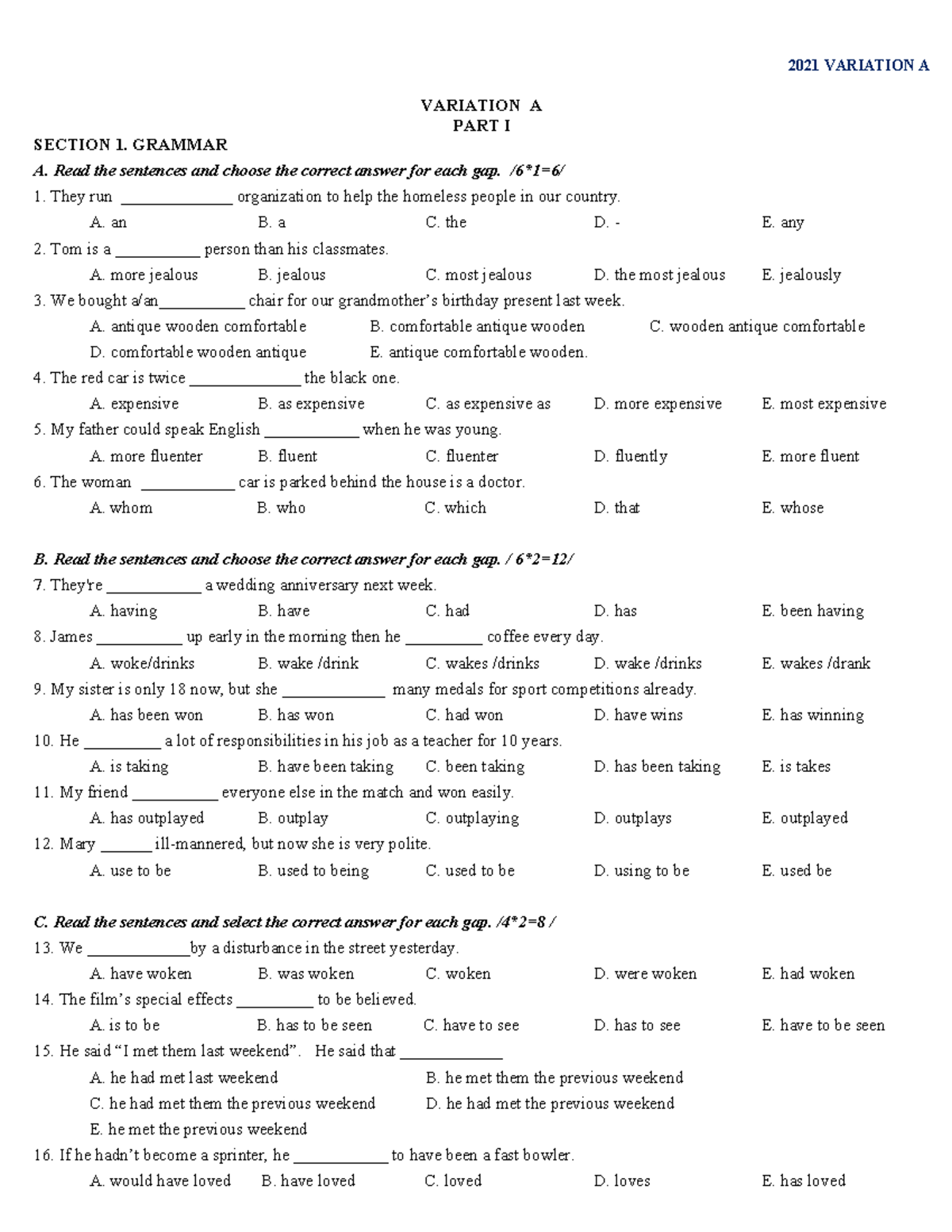 Variation A - Additional Material for Grammar & Vocabulary Exercises ...