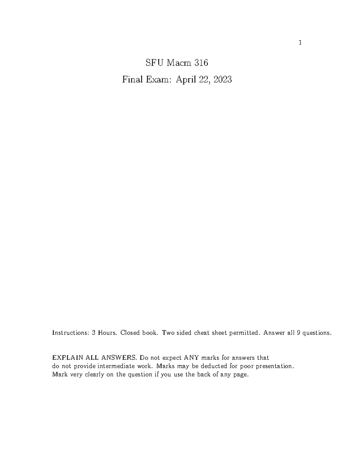 316 Macm 316 Final Exam Solutions: April 22, 2023 - Studocu