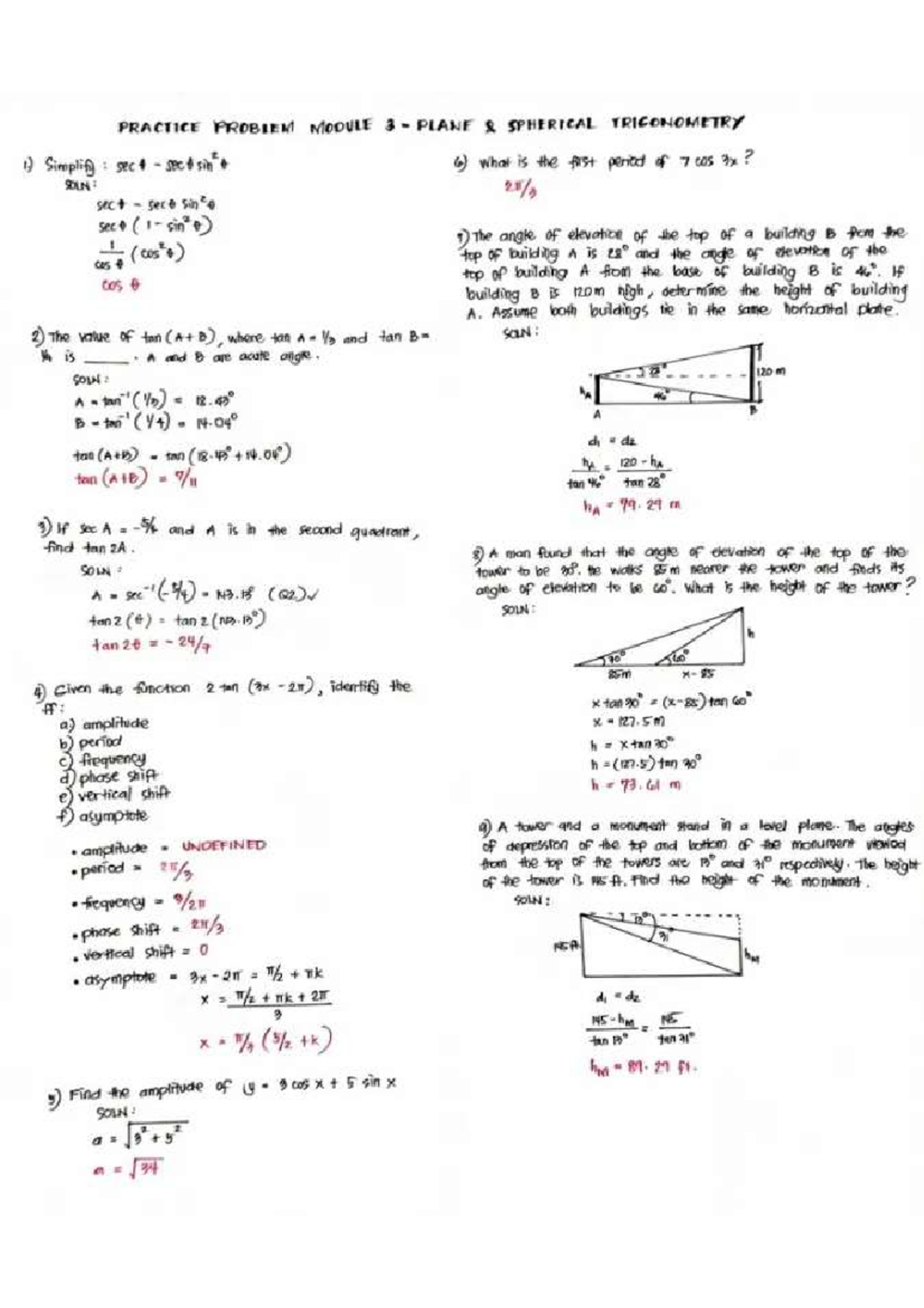Plane and spherical trigonometry - PRACTICE PROBIEM MODULE 3 PLANE ...