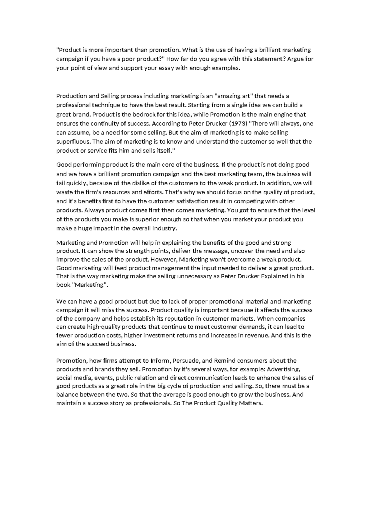 04-Product Quality Over Promotion: A Critical Examination Essay - Studocu