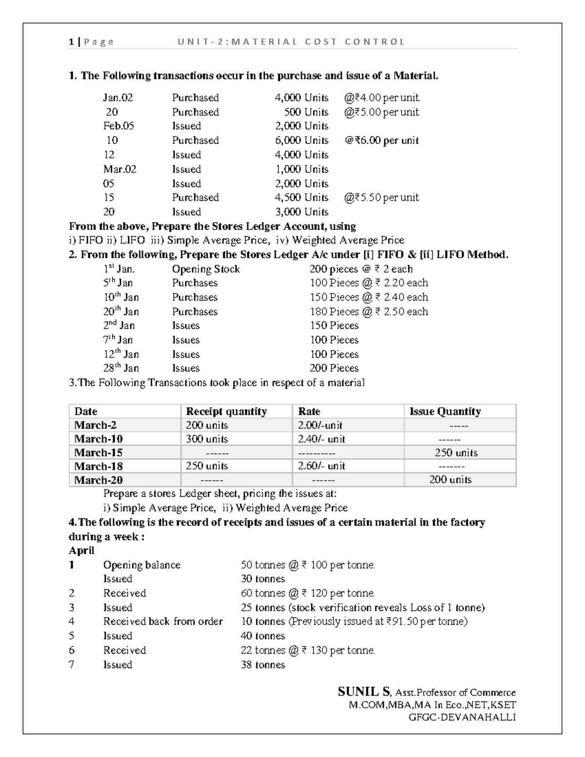 Unit-2 - Material Cost Control: FIFO, LIFO & Average Price Methods ...