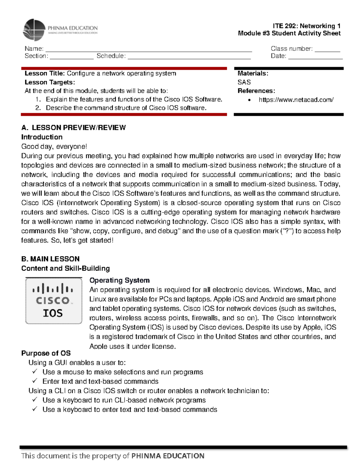 ITE292 Lesson 3: Configuring Cisco IOS for Network Operations - Studocu