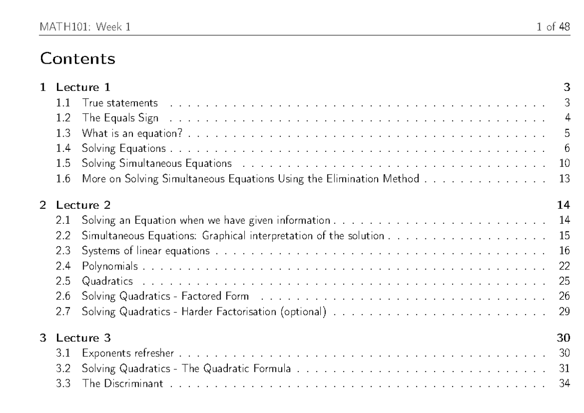 MATH101: Week 1 Lecture Notes on Equations and Solutions - Studocu