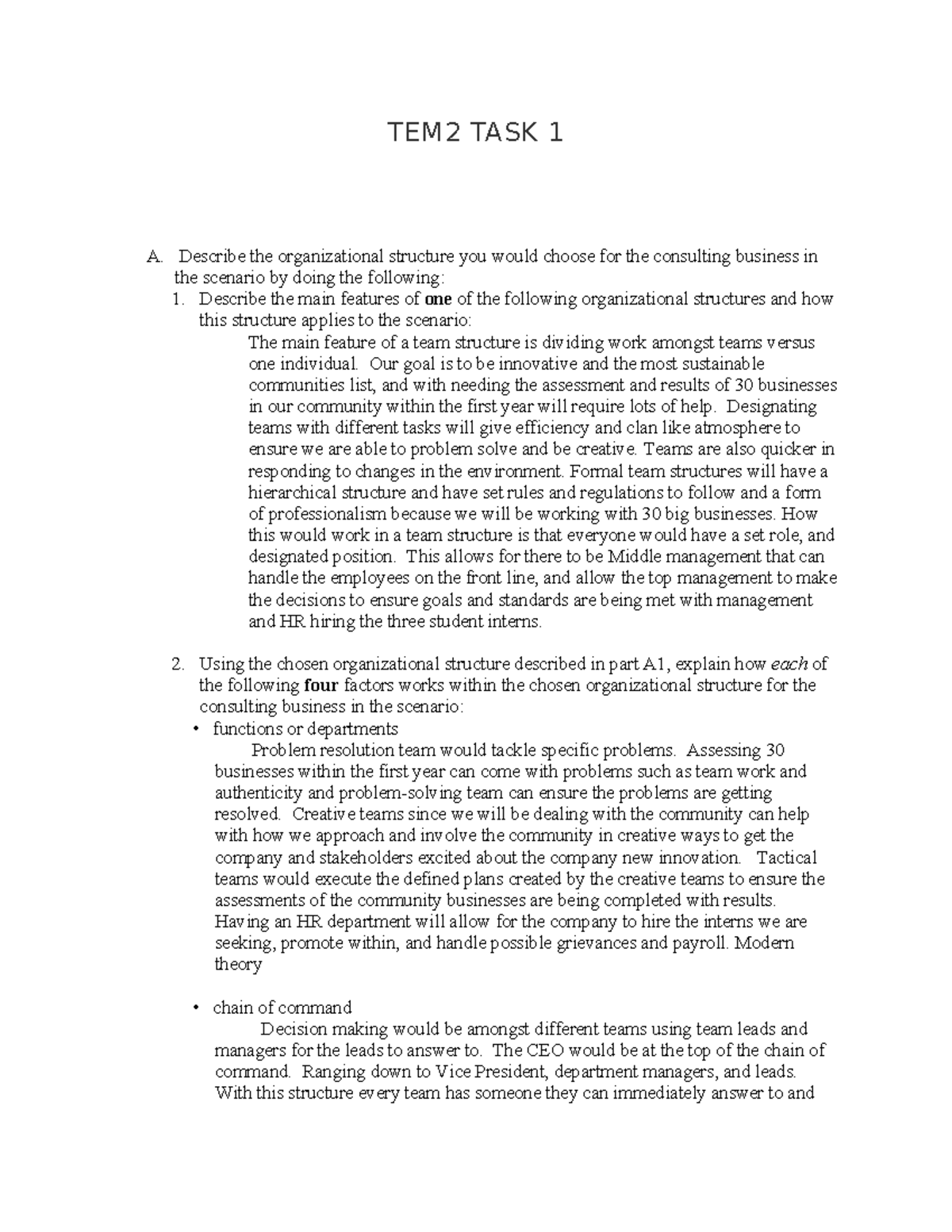 TEM2 TASK 1 - Organizational Structure in Consulting Business Analysis ...