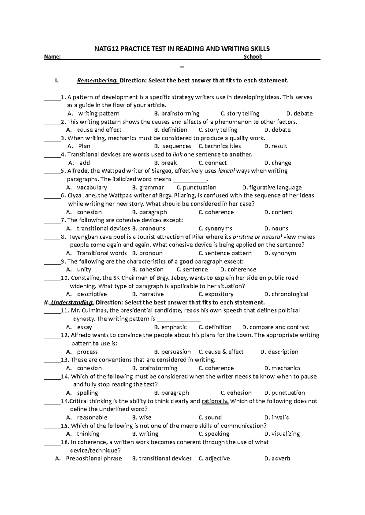 NATG12 PRACTICE TEST: READING AND WRITING SKILLS Review - Studocu