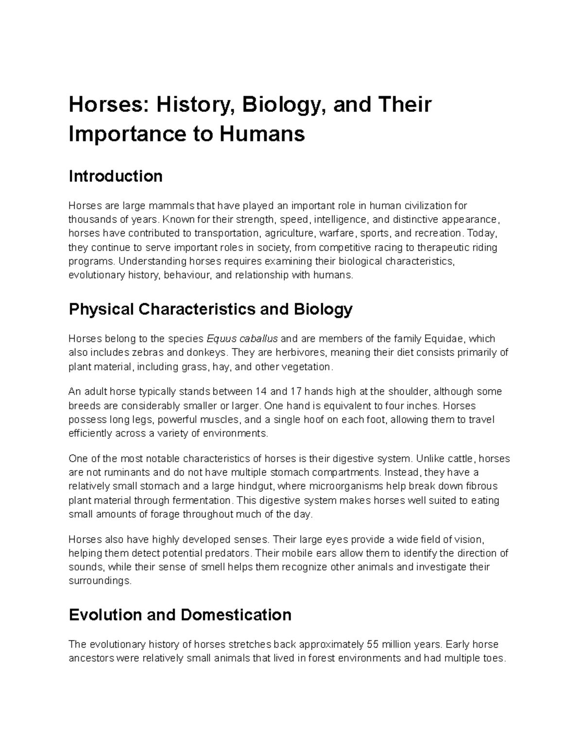 Horses: Their History, Biology, and Significance to Humans - Studocu