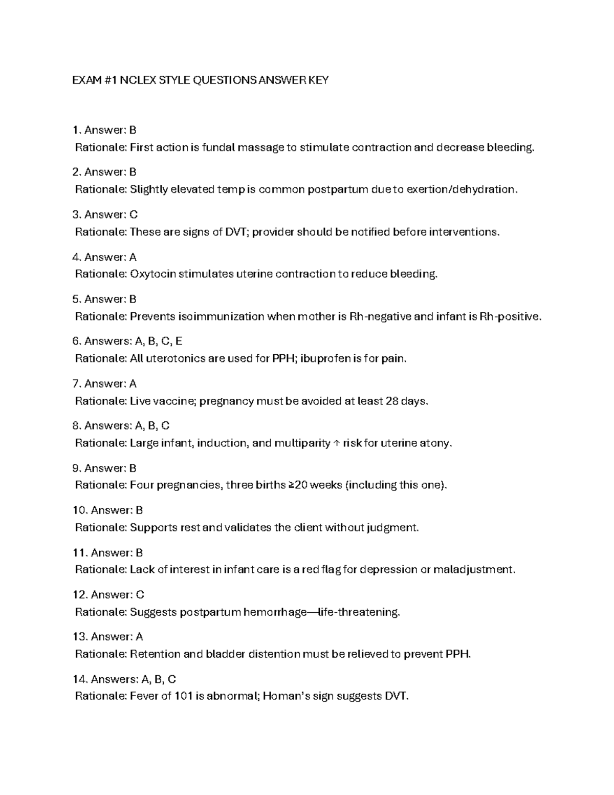 EXAM #1 NCLEX Style Questions Answer Key and Rationale - Studocu
