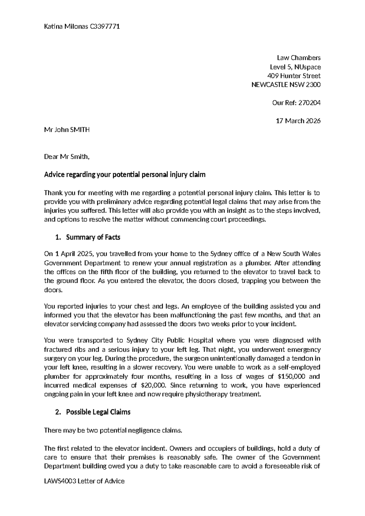 LAWS4003 Letter of Advice on Personal Injury Claim - Studocu