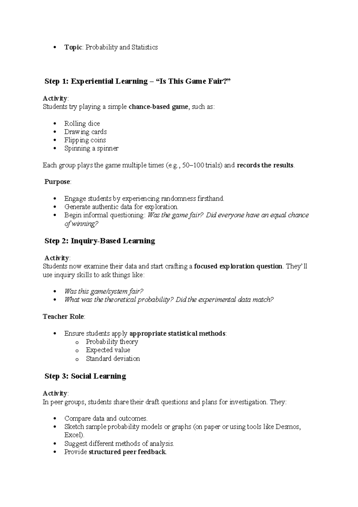 Probability and Statistics Activity Plan: Experiential Learning Game ...