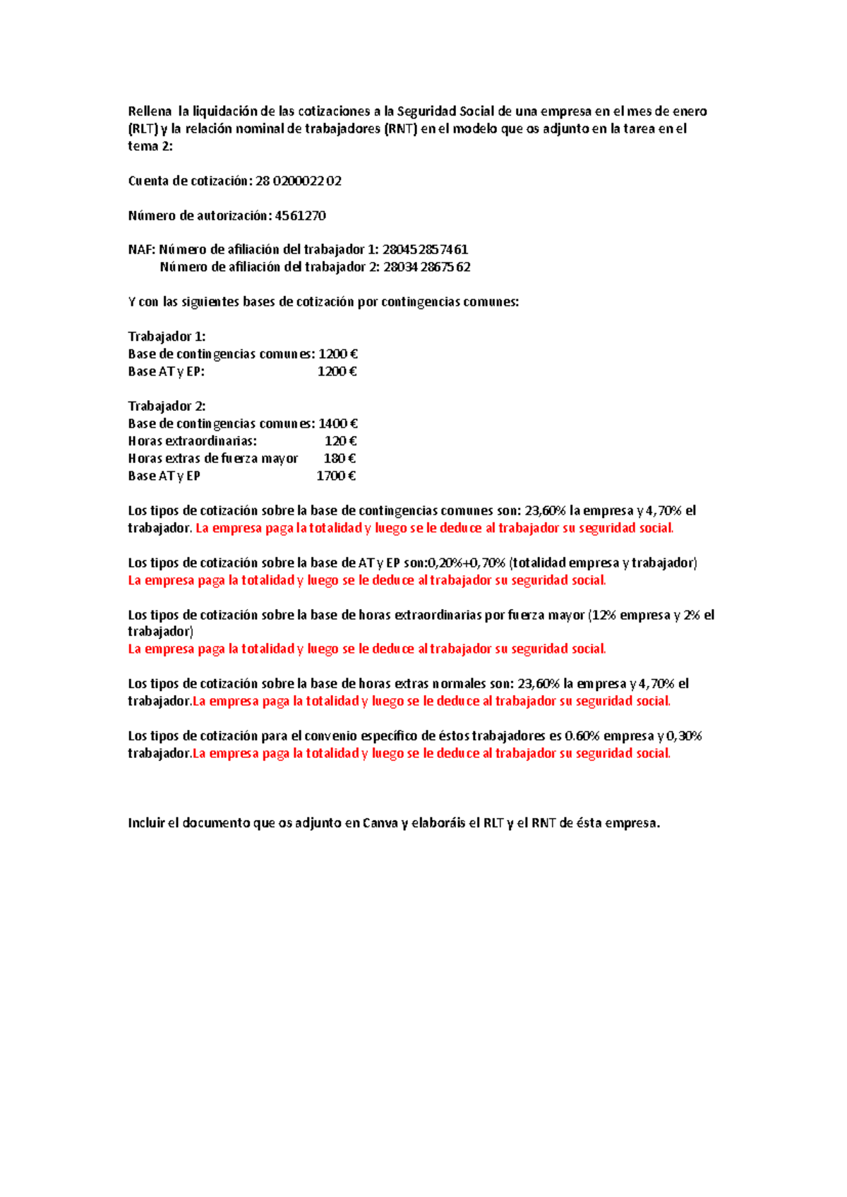 Ejercicio sobre Liquidación de Cotizaciones y RLT/RNT - Tema 2 - Studocu