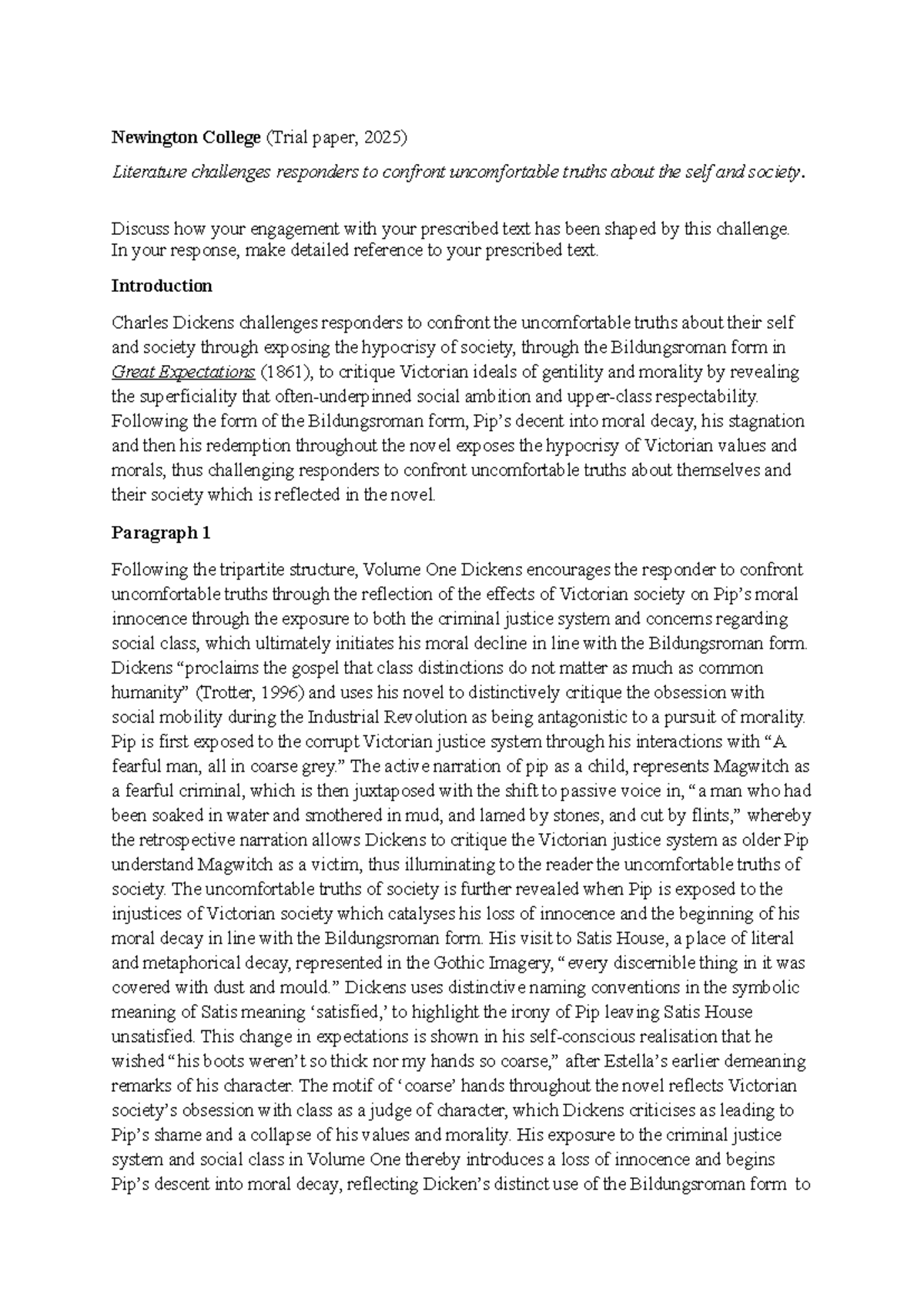 Great Expectations (ENG101) Trial Paper Practice Essay Analysis - Studocu