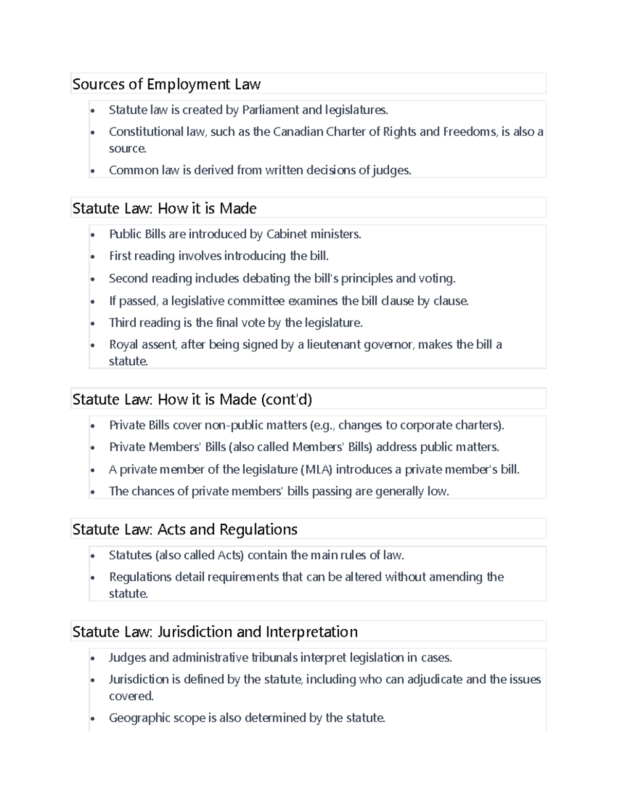 Quiz 1 Review - Sources of Employment Law • Statute law is created by ...