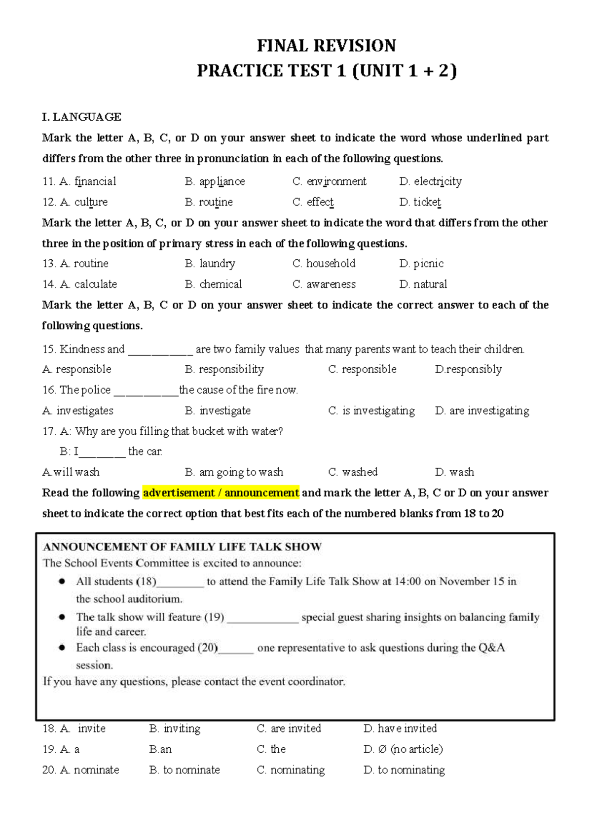 FINAL REVISION PRACTICE TEST 1 (UNIT 1-2) - Studocu