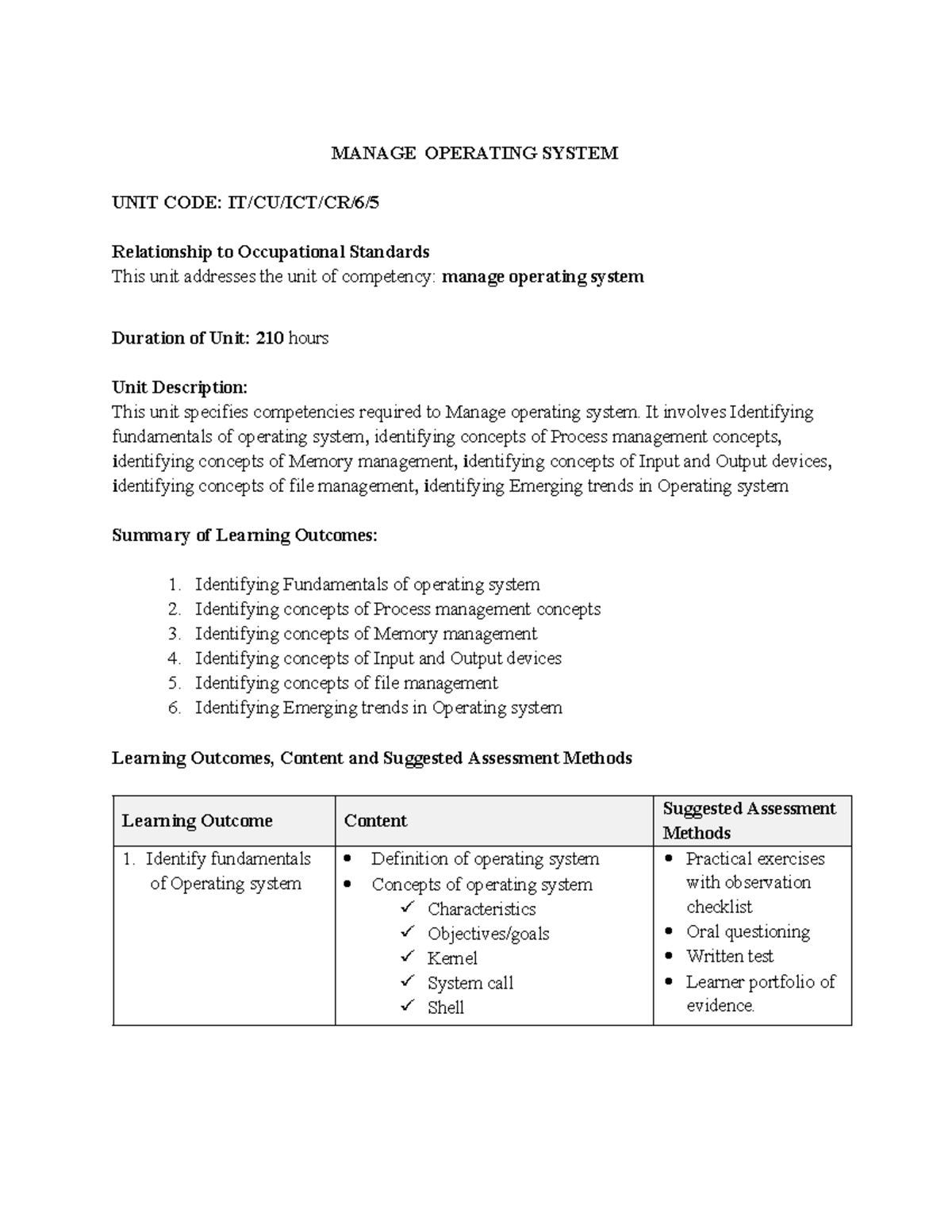 Manage Operating System - Unit Code: OS Competency Standards Overview ...
