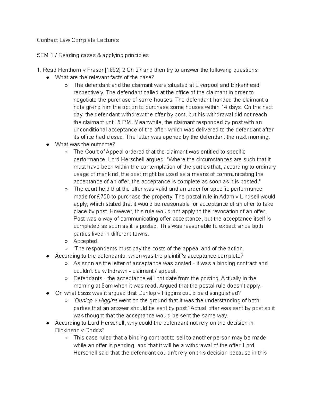Contract Law Lecture Notes: Key Concepts and Case Analyses for SEM 1 ...