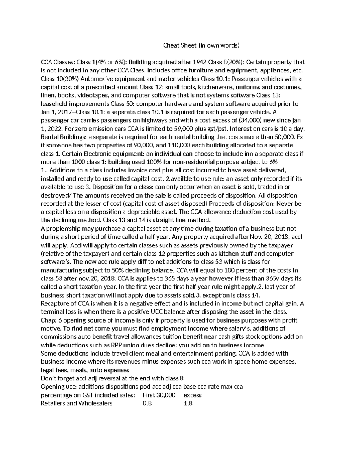 Taxation Cheat Sheet: CCA Classes and Asset Rules for Business - Studocu
