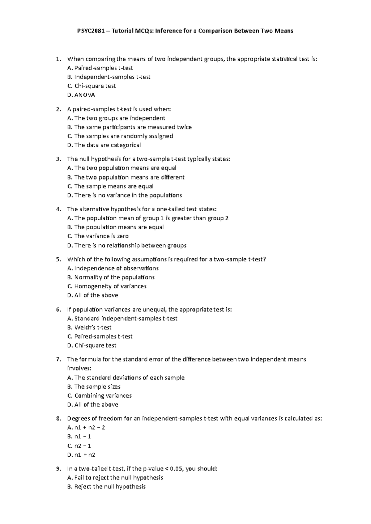 PSYC2081 Tutorial MCQs: Comparing Two Means Inference - Studocu