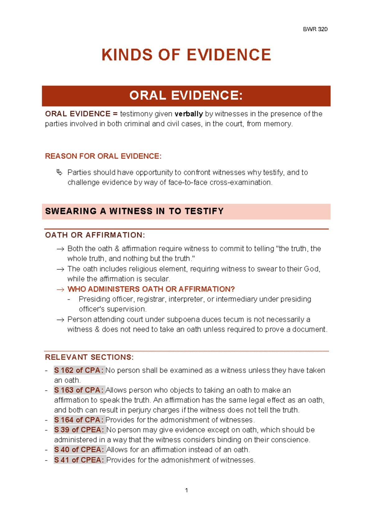 BWR 320 SEMESTER TEST 1 NOTES ON ORAL EVIDENCE AND WITNESS TESTIMONY ...