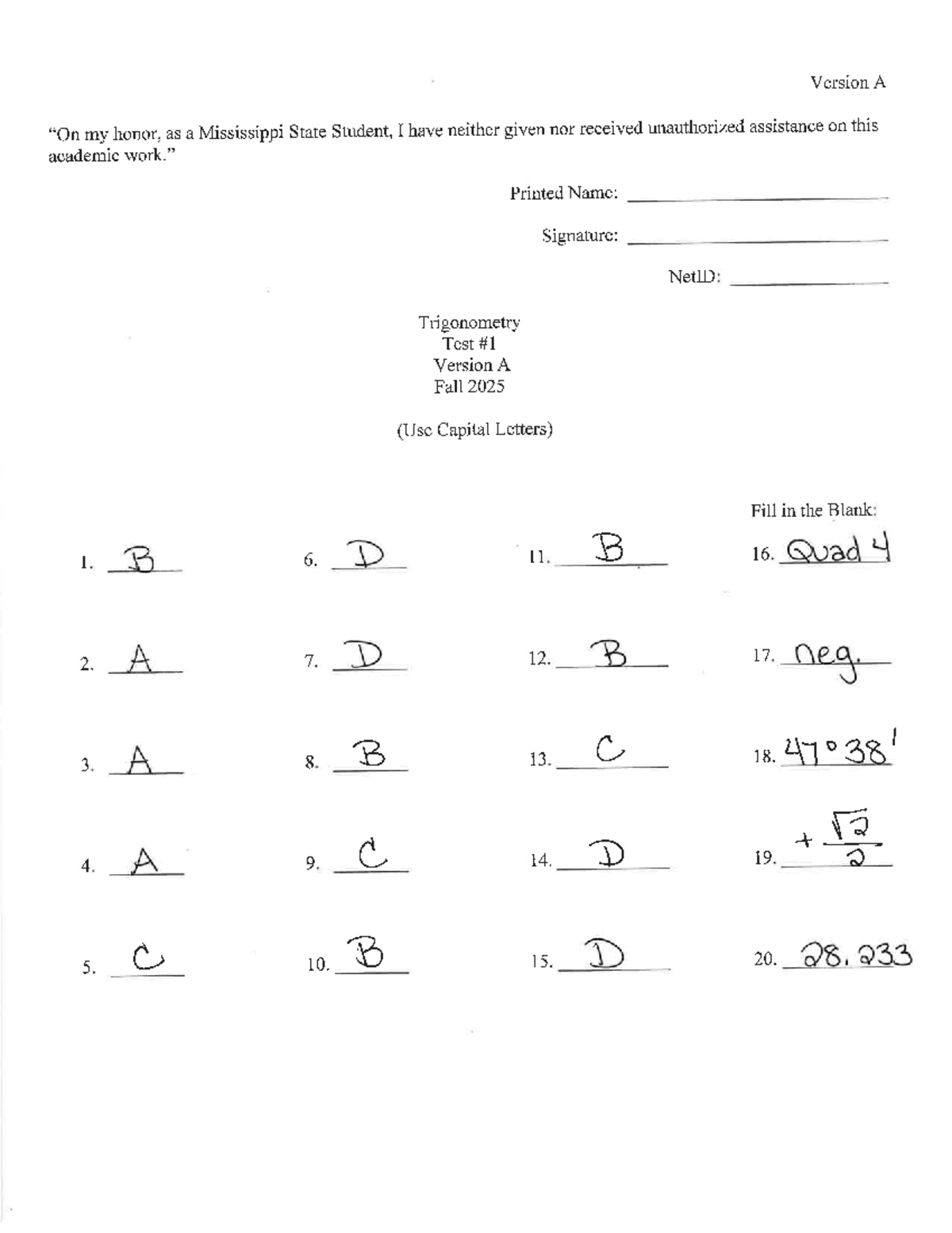 Trigonometry Test #1 - Version A - Fall 2025 - Studocu