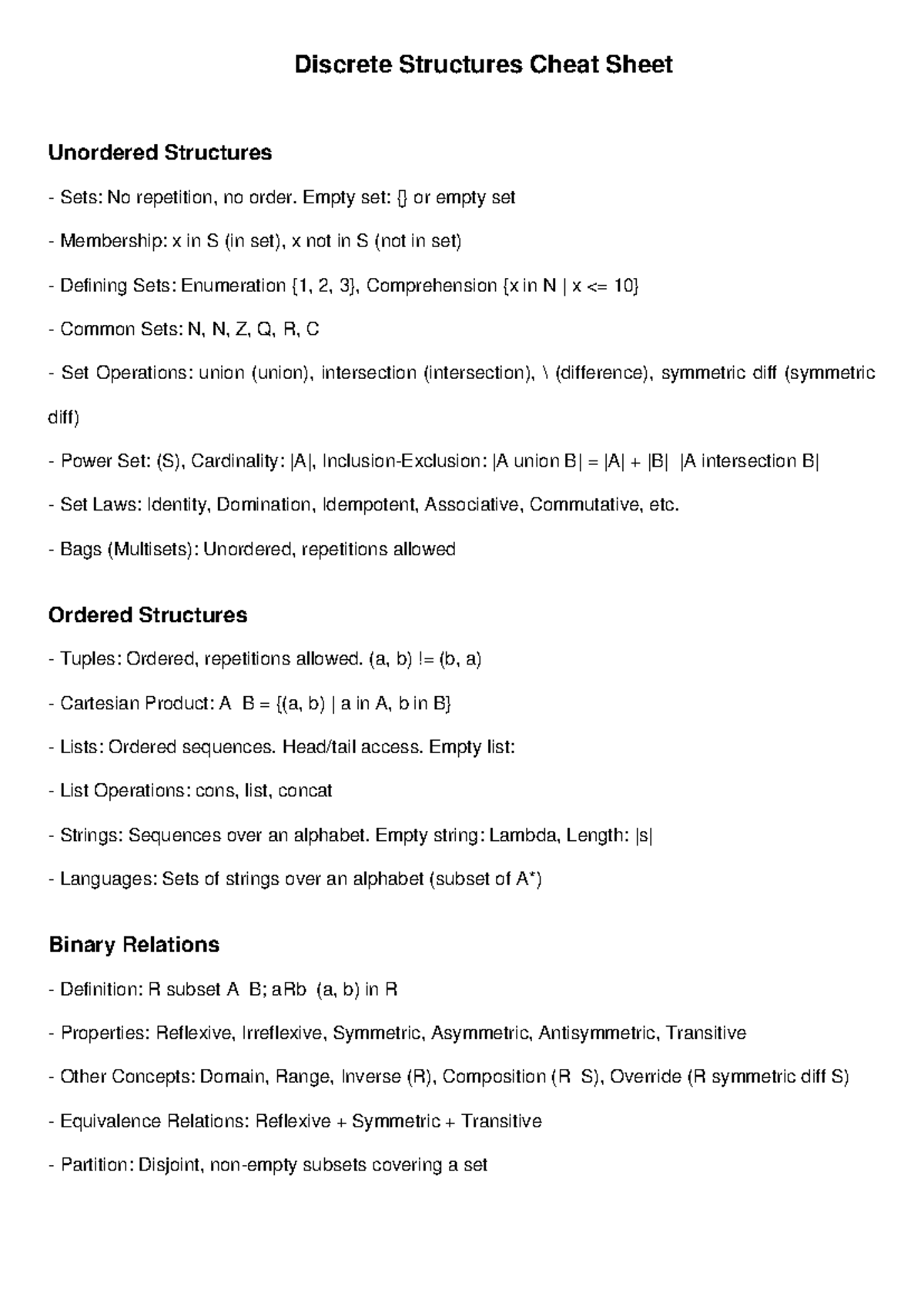 Discrete Structures Cheat Sheet: Key Concepts & Definitions - Studocu