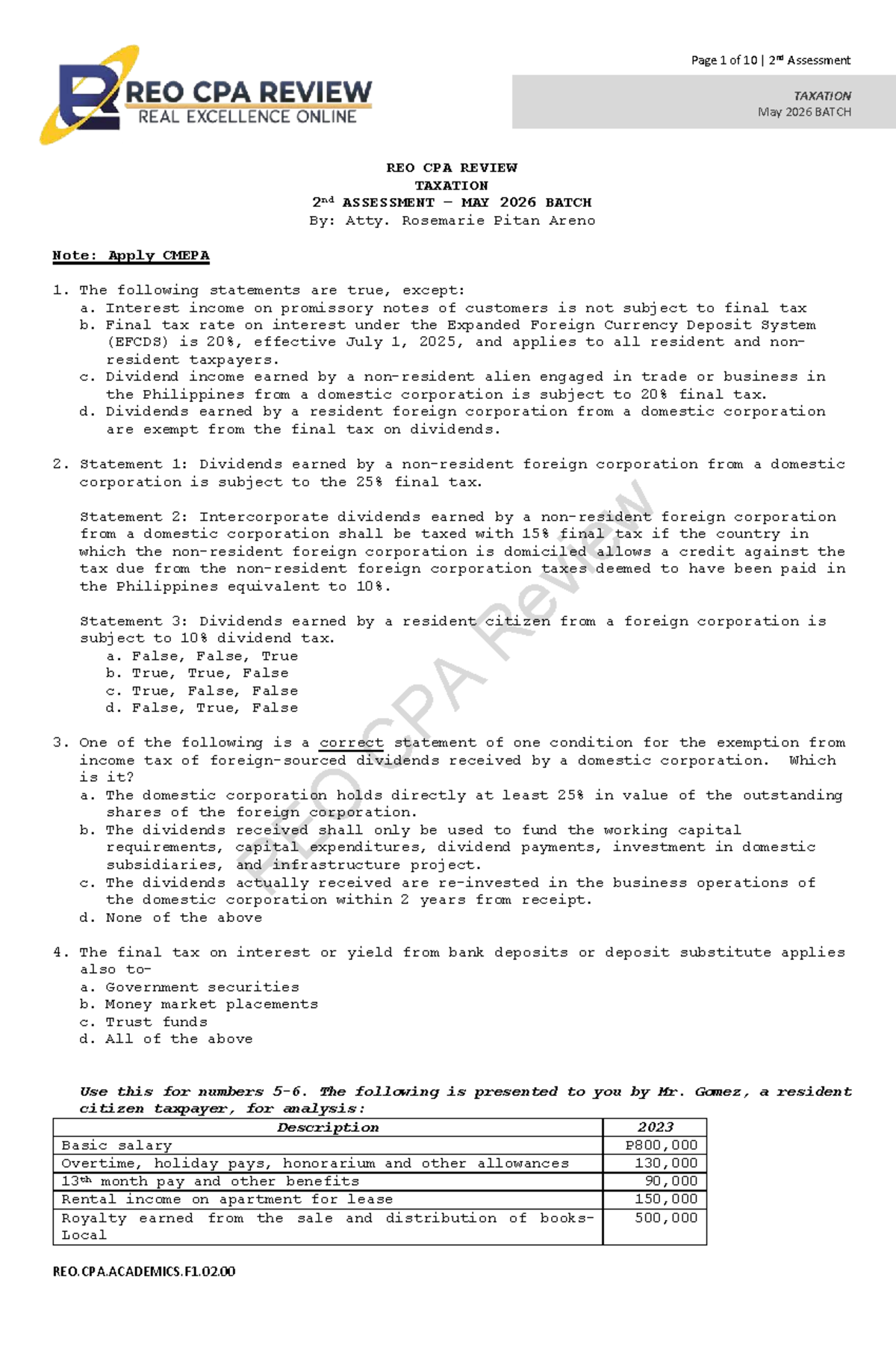 TAX 2nd Monthly Assessment - May 2026 Batch CPA Review - Studocu
